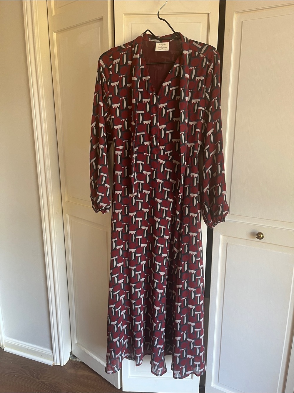 Women's Burgundy Printed Long Sleeve Shirt Dress